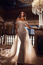 Sexy Glitter Bodycon Mermaid Wedding Dresses Off Shoulder Sleeveless Boho Bridal Gowns With Shiny Train Bride Dress
